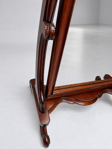 Carved Dark Wood Cheval Mirror with Scroll Feet