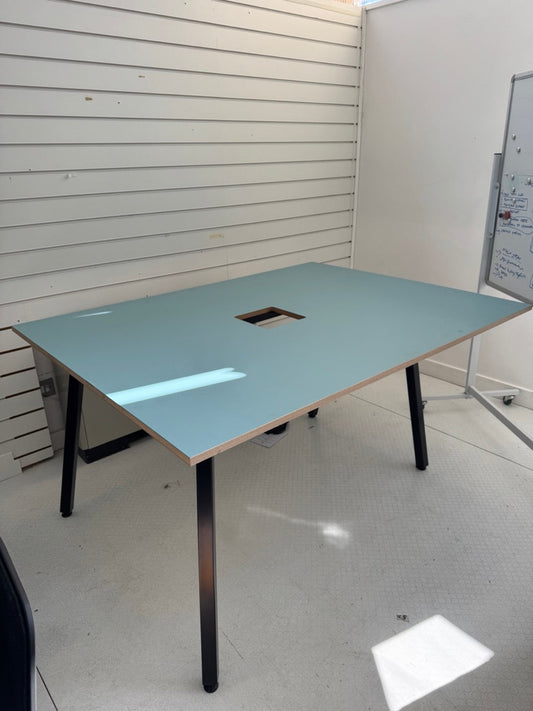 Work Desks, plywood, duck egg laminate top surface, metal legs - Set of 8