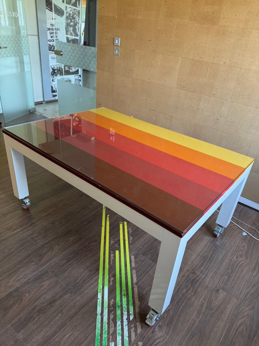 Bespoke striped colour block table with glass top