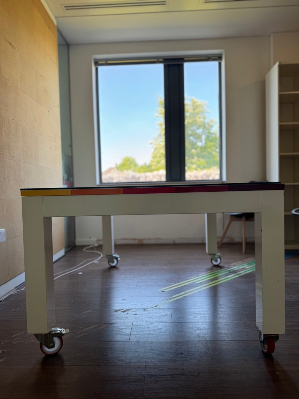 Bespoke striped colour block table with glass top