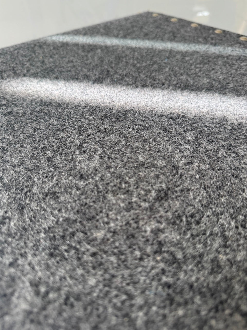 Heavy wood stool in grey felt, turquoise leather and burnt Sienna leather and black textured rubber (4)