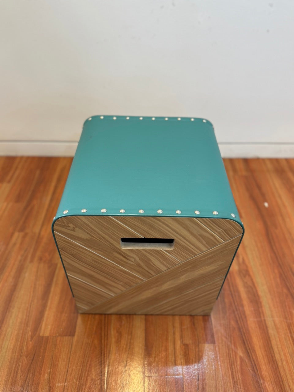 Heavy wood stool in grey felt, turquoise leather and burnt Sienna leather and black textured rubber (4)