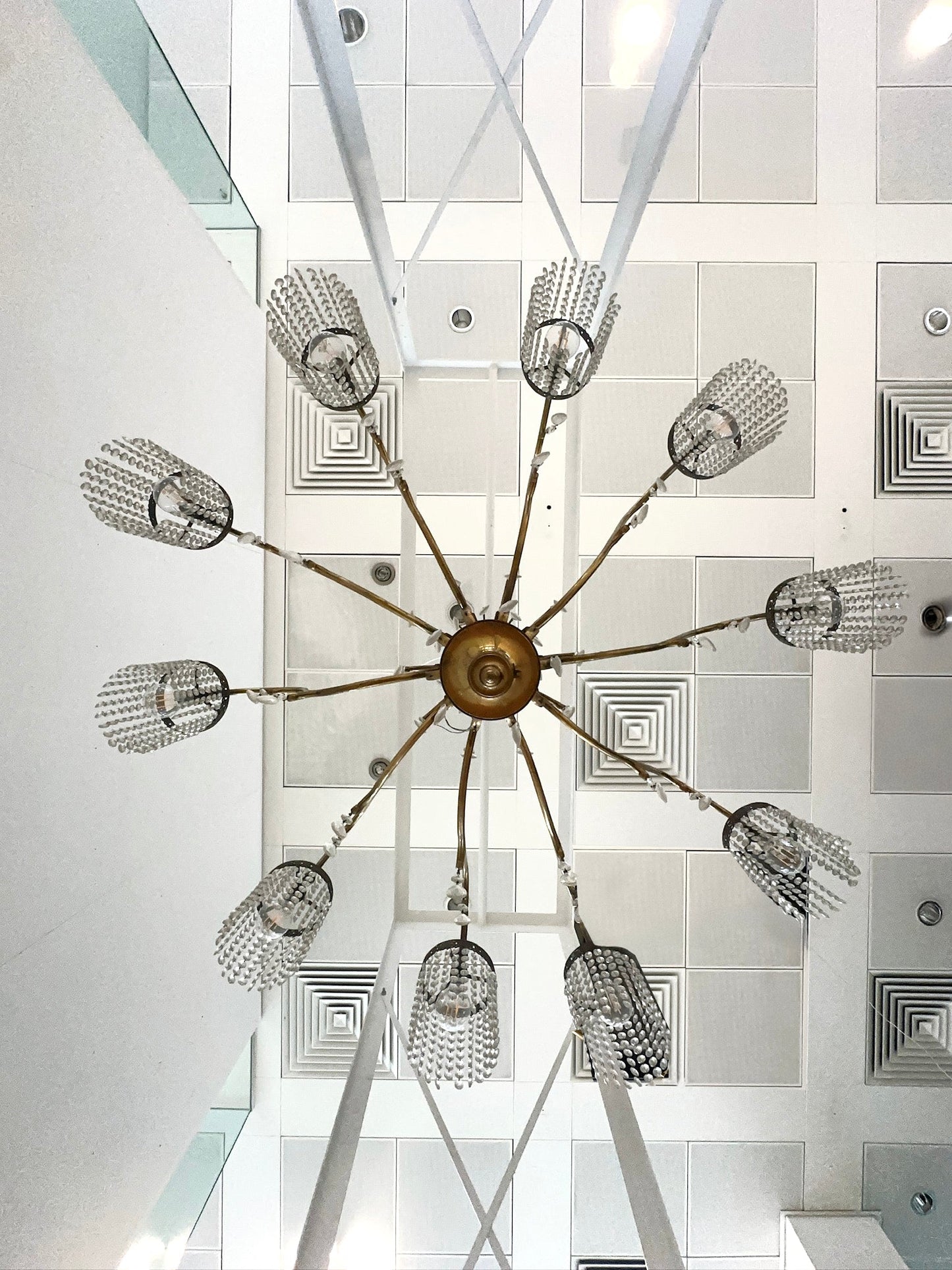 Large 10 Light Art Deco Brass Finish Crystal Chandelier