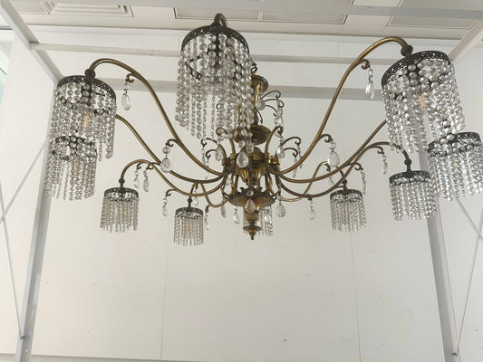 Large 10 Light Art Deco Brass Finish Crystal Chandelier