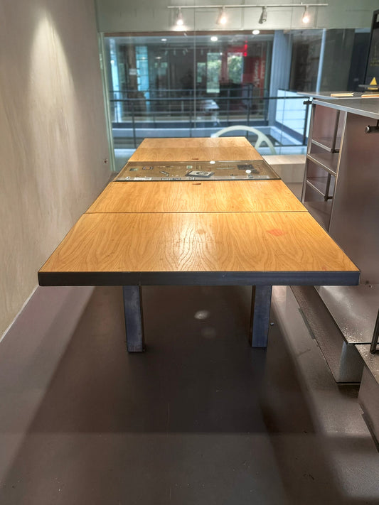 Long Plywood and steel table with display section