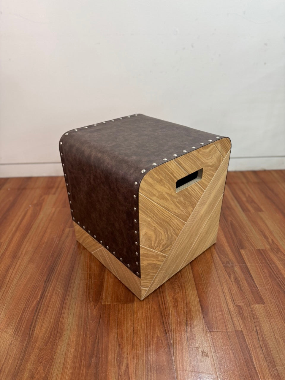 Heavy wood stool in grey felt, turquoise leather and burnt Sienna leather and black textured rubber (4)