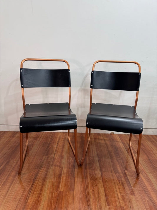 Vintage stackable chairs - black seat, bronze coloured frame (set of 2)