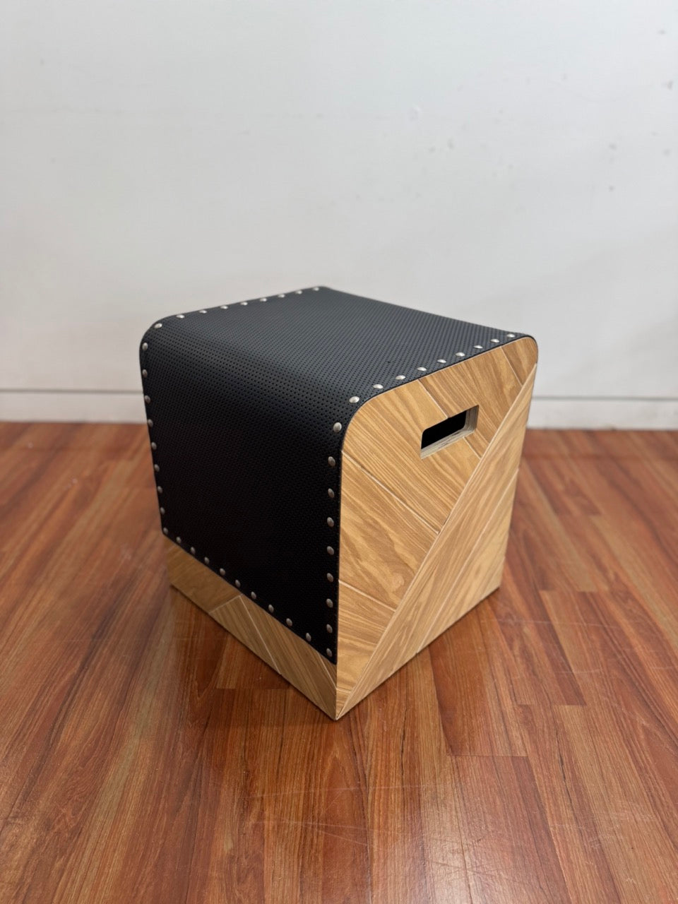 Heavy wood stool in grey felt, turquoise leather and burnt Sienna leather and black textured rubber (4)