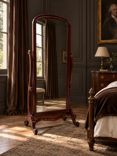 Carved Dark Wood Cheval Mirror with Scroll Feet