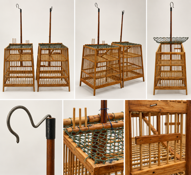 Pair of Chinese Slatted Bamboo Cages with Poles & Hooks