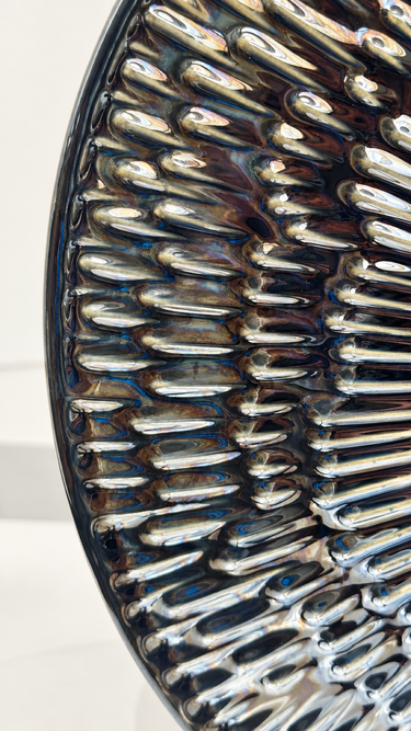 Metallic Dark Blue Disc Vase with Raised Texture