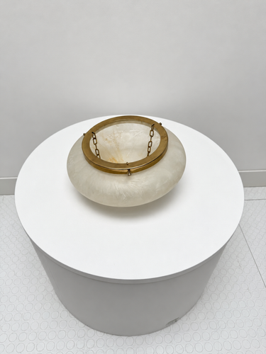Art Deco-style frosted glass plafonnier ceiling light with brass-tone chain fittings