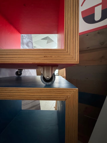 Red blue and natural plywood cube storage units on casters - 3 available