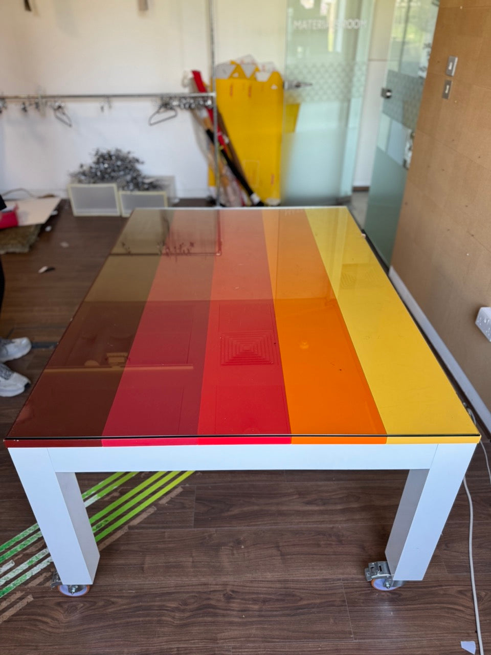 Bespoke striped colour block table with glass top