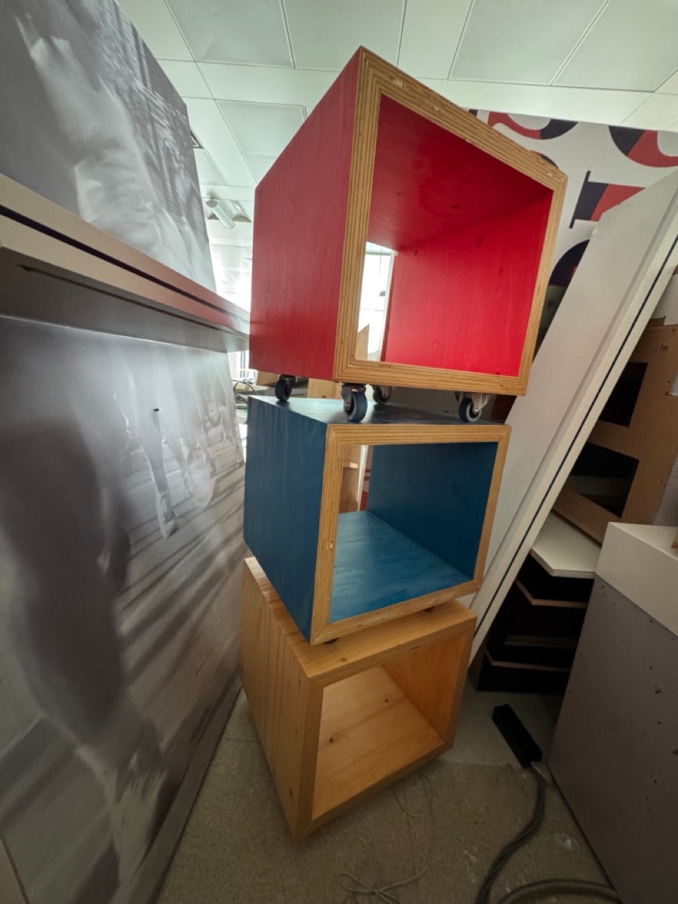 Red blue and natural plywood cube storage units on casters - 8 available