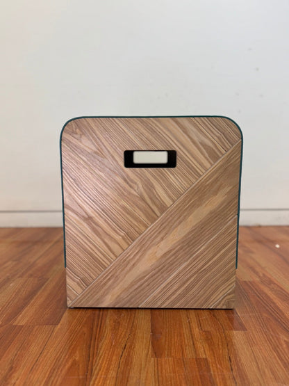 Heavy wood stool in grey felt, turquoise leather and burnt Sienna leather and black textured rubber (4)