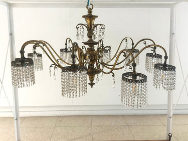 Large 10 Light Art Deco Brass Finish Crystal Chandelier