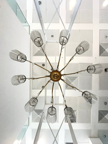 Large 10 Light Art Deco Brass Finish Crystal Chandelier