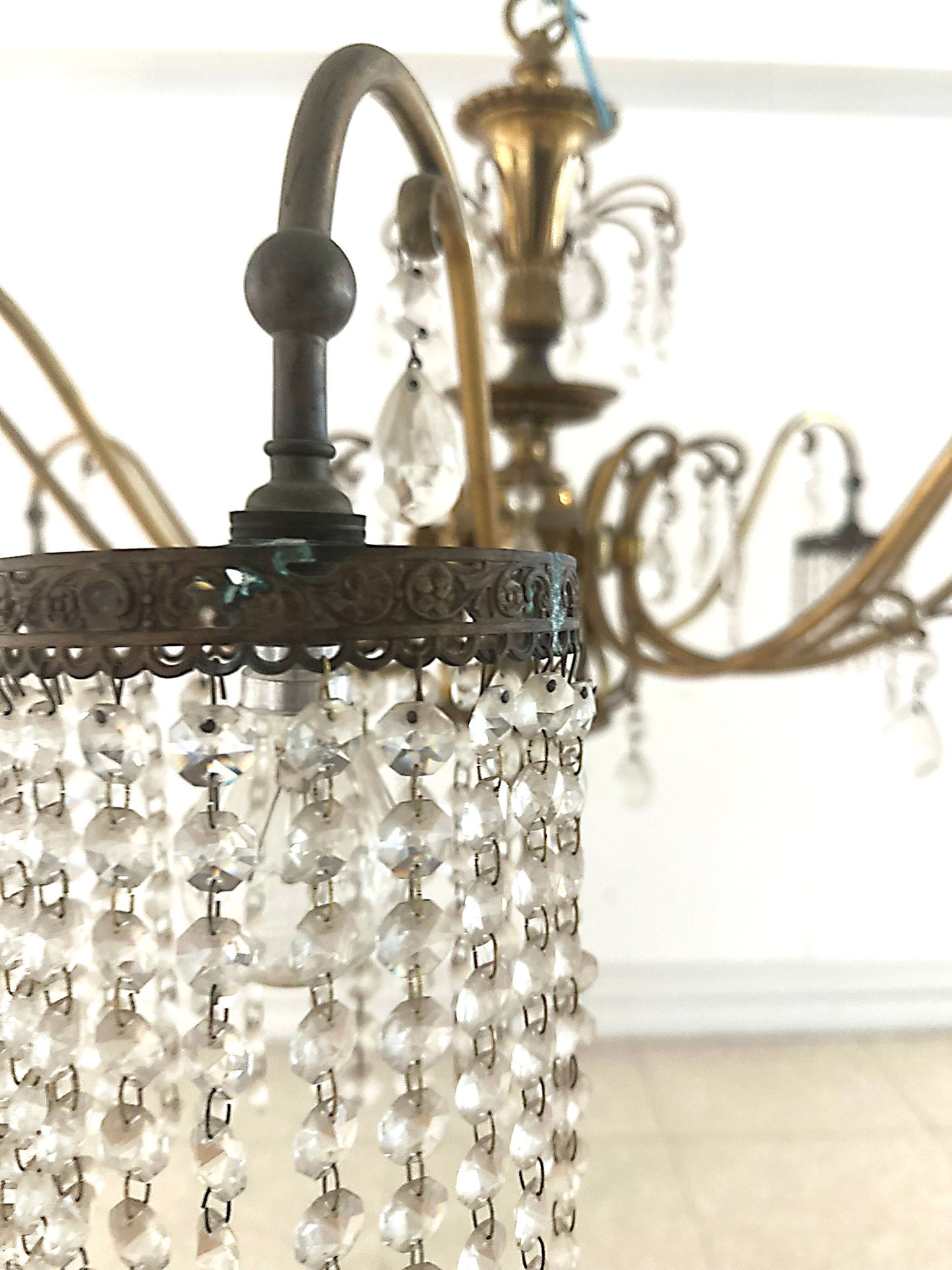 Large 10 Light Art Deco Brass Finish Crystal Chandelier