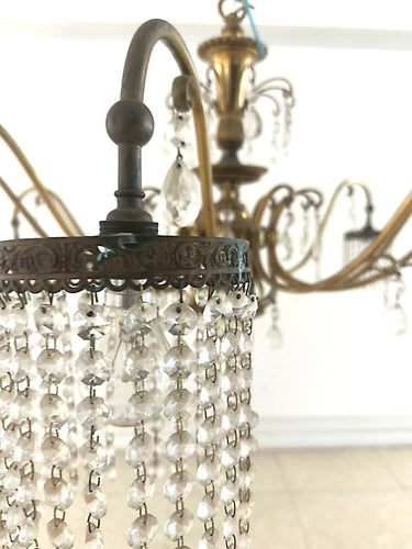 Large 10 Light Art Deco Brass Finish Crystal Chandelier