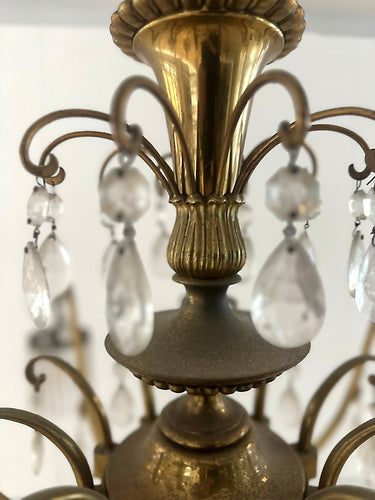 Large 10 Light Art Deco Brass Finish Crystal Chandelier