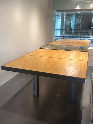 Long Plywood and steel table with display section