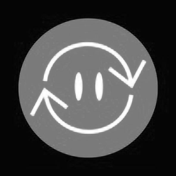 White smiley face icon on a gray circle with a black background